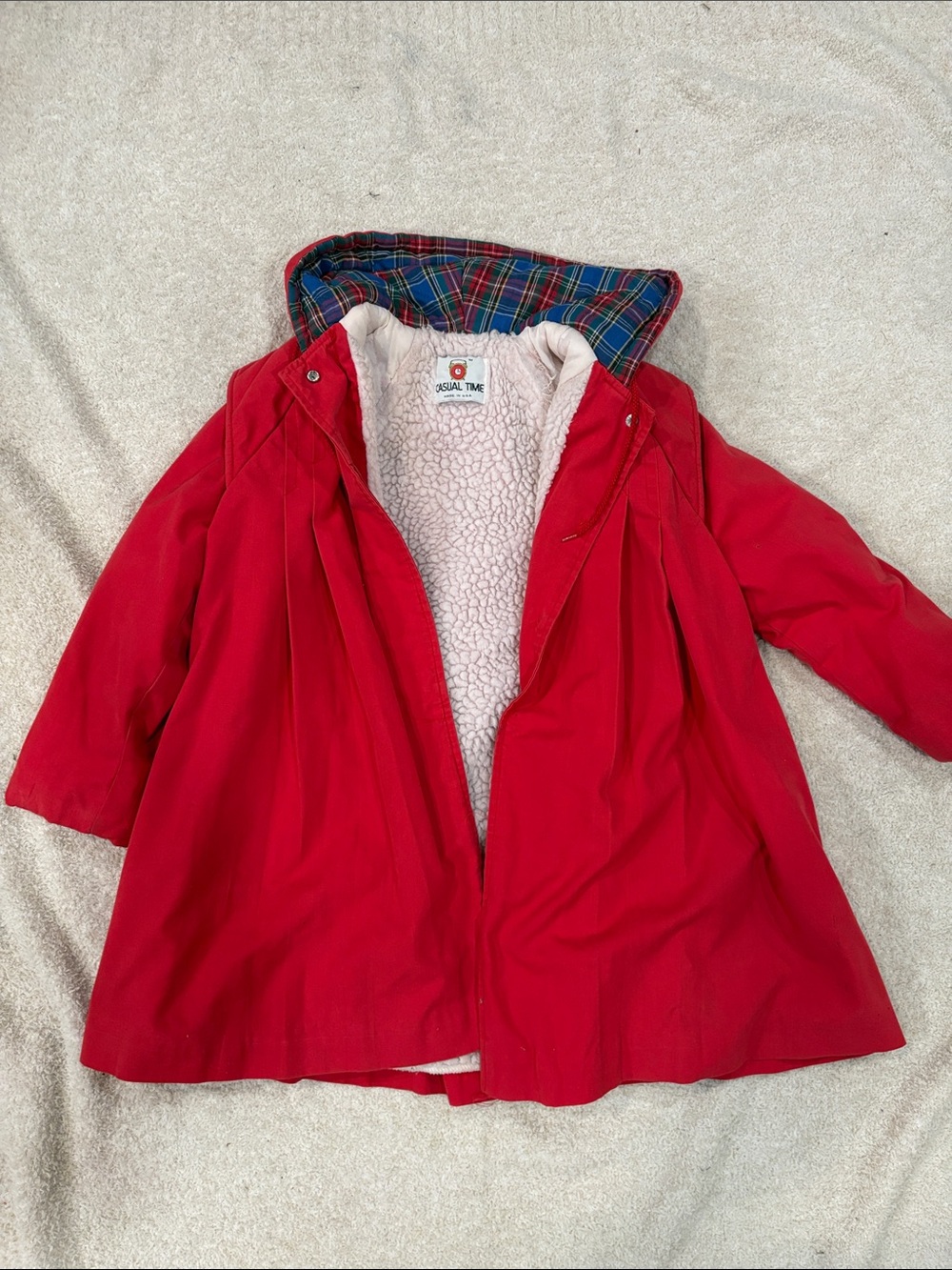 Vintage Casual Time Red Hooded Girls' Pea Coat with Plaid Hood Lining